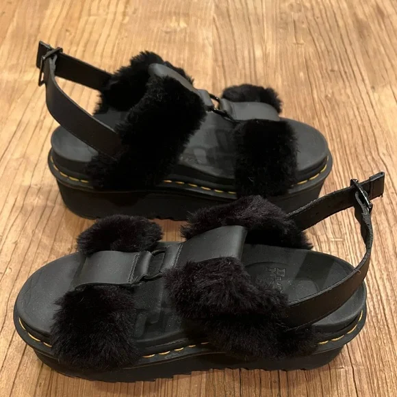 Dr. Martens Francis Fluffy F Fur Leather Sandals, Black, Like New, Size 7-8 /38 - Picture 6 of 11